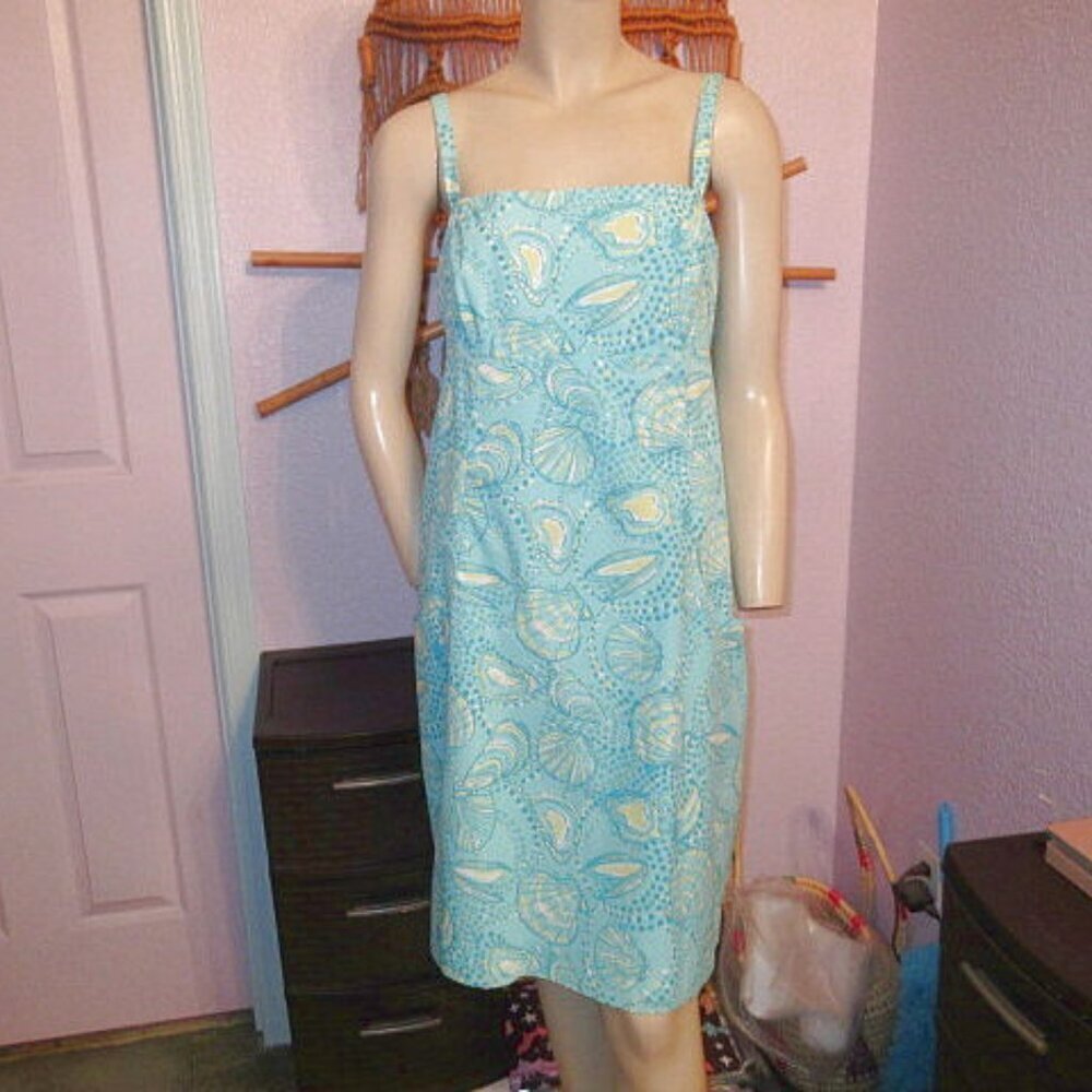 Lilly Pulitzer Shorely Blue Silver Dollar Dress Size 12 Pocket Sleeveless Sheath